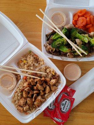 Teriyaki Chicken with fried rice and Hibachi Steak with fried rice and veggies.