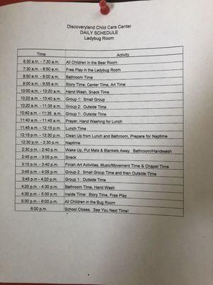 Ladybug Room. Daily schedule.