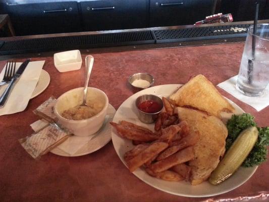 A simple ham and cheese sandwhich with fries and a cup of corn chowder! Yum!