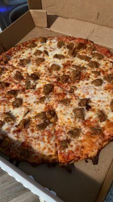 Large cheese and sausage pizza