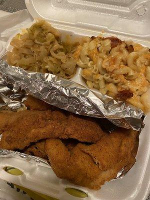 Fried fish, Mac & cheese, cabbage