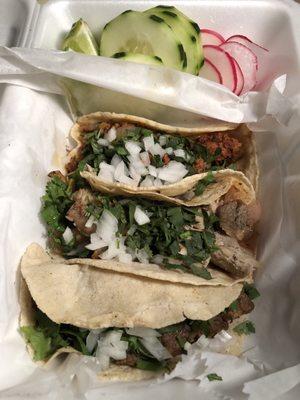 Carnitas, chorizo, asada tacos