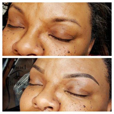 Powder Ombre Brows. This technique is a form of Permanent Makeup. Thus procedure lasts for 1-2 years!