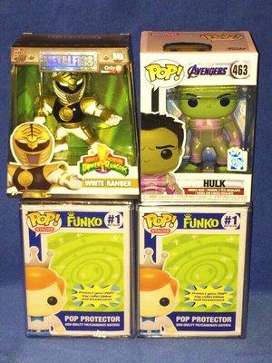 Funko Pop Protectors, Avengers: Endgame GameStop exclusive Hulk, Power Rangers MetalFig White Ranger GameStop exclusive figure.