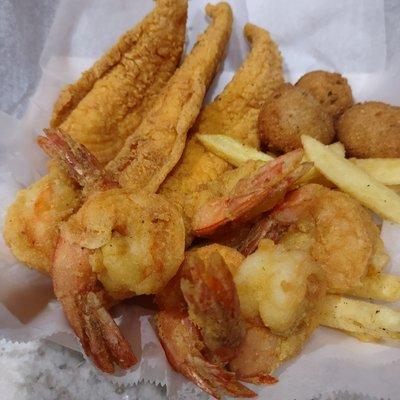 3pcs fish 6jumbo shrimp w/ fries and hush puppies