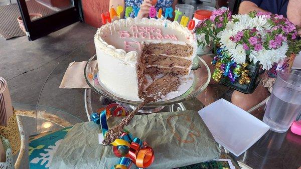 Inside of the vegan Hummingbird cake - a banana and pinapple cake. It was divine. you couldn't even tell that it was vegan.