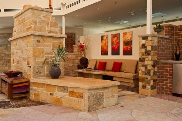 Stone slab bench and fireplace on display in our Masonry Showroom in Mountain View, CA.