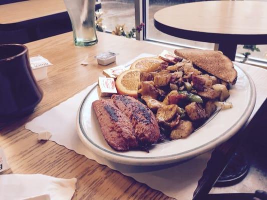 Yummy breakfast with tea...links and roasted potatoes