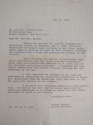 Letter from Mr. Cautella, acting IU Willets Rd Middle School Principle mailed to my custodians about a teacher physically abusing students
