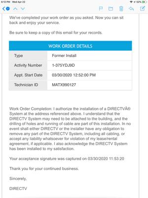 This is the work order that the technician called in.  Notice that the technician arrives at 12:52 pm but the acceptance is at 11:53am!