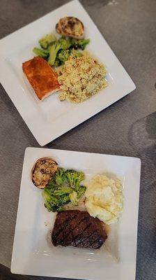 Sirloin steak; red mashed potatoes, broccoli and flame-grilled sourdough bread.  Salmon with honey mustard glaze and rice pilaf