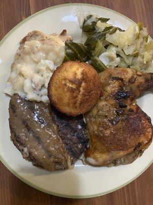 Salisbury steak, baked chicken, mashed potatoes, cabbage