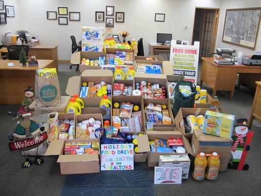 We have been holding a Holiday Food Drive for quite a few years now.  This is a photo from last year.  We hope to do even more in 2016!!