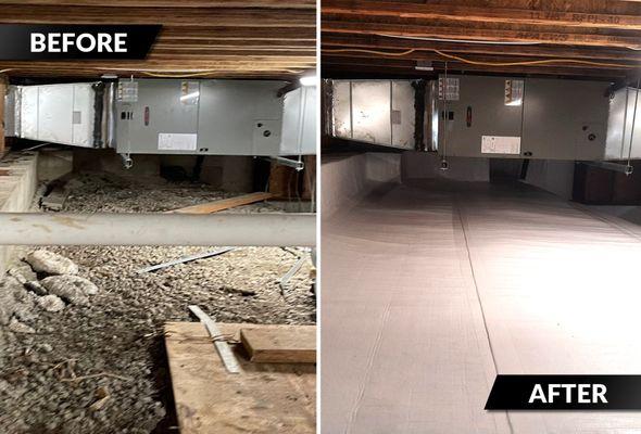 Before and after photos of a crawl space encapsulation project in Pleasant Hill, Oregon.