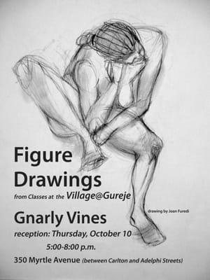 Flyer for student exhibit in 2013 at Gnarly Vines.  Drawing by Joan Furedi.