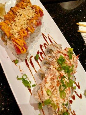 Mt Fuji - Krab, shrimp tempura, scallion, eel sauce & TNT - spicy tuna, cucumber, scallion, togarashi, tempura flakes