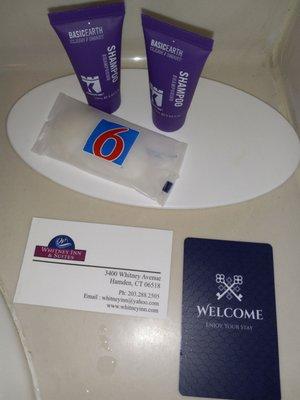 Whitney Hotel, complimentary items.  What a joke! Items from Motel 6, used in bathroom. Lol