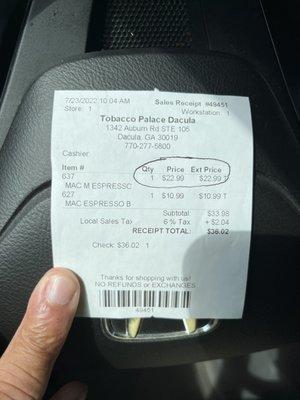 Receipt for the overpriced cigar with the pricing errror.