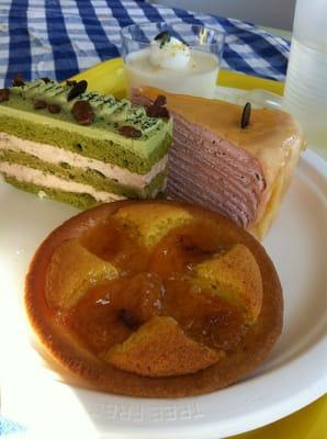 Apricot tart, yuzu panna cotta, green tea cake, and strawberry crepe cake.