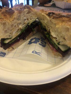 Beets cucumbers and yogurt on homemade focaccia.