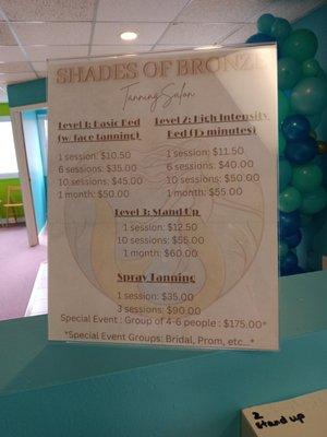 Price List . Spray tanning requires an appointment