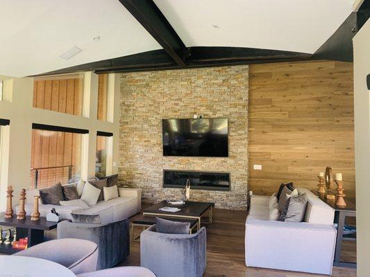 The stacked stone fireplace of a home we remodeled in Vail, CO.