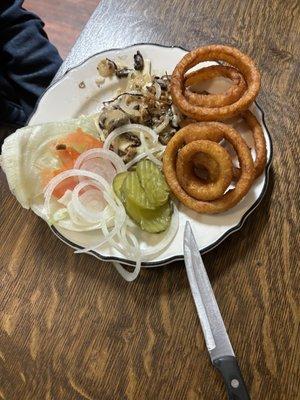 Burger no bun with onion rings