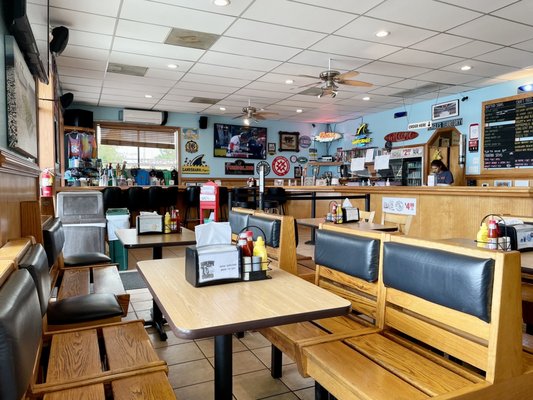 Inside facing bar area and ordering counter - neat, clean, tidy; lots of seating, extensive menu, SUPER REASONABLE PRICES, big portions