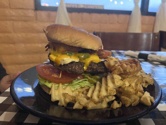 Jalapeño popper burger with waffle fries