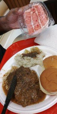 Salisbury steak with rice and mashed potatoes. Sweet tea and strawberry cake.