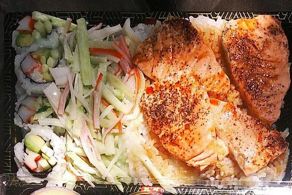 Salmon Teriyaki Bento Box!  Salmon over rice,  choice of salad (kani cucumber above)  4 pc sushi