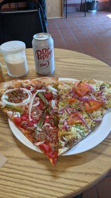 Sausage, pepper and onions slice, and a cheese steak hoagie slice!!! Love their pizza