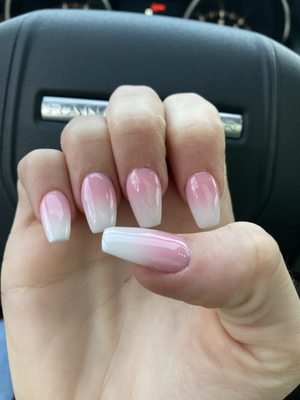 Pink and White French Ombré Coffin Nails! By: Michelle @ Super Nails.