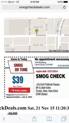 Smog check special $40.75 plus cert most vehicles 2000 and newer,1999 and older extra, hd truck, vans and motor homes extra