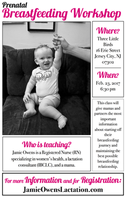 Breastfeeding Workshop flyer in Jersey City at Three Little Birds JC, February 23 at 6:30 pm. Visit www.jamieowenslactation.com to register