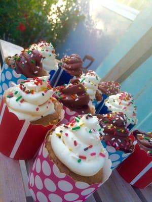 Cupcakes come with Dry Cupcake Mix, Frosting, Sprinkles, and Baking Cup