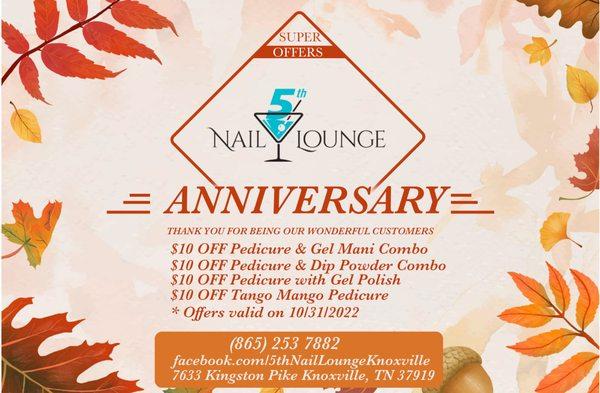 Welcome to 5th Nail Lounge! We're celebrating our Anniversary!