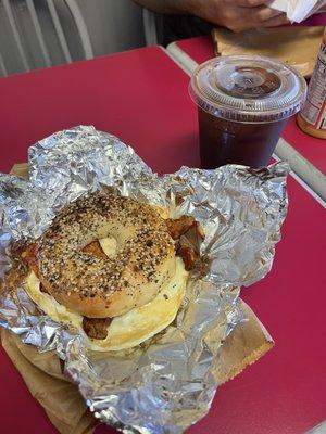 Bacon egg and cheese on an everything w/ iced coffee!