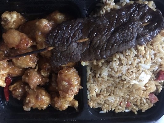 General gau with pork fried rice and beef teriyaki