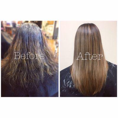 Root Touch up (grey coverage) Balayage & foil lightening, toned, olaplex treatment and haircut :)