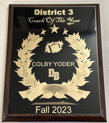 Coach of the Year for District 3 football custom designed plaque,