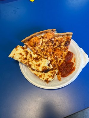 Cheese pizza & cheese sticks w yummy marinara dipping sauce!