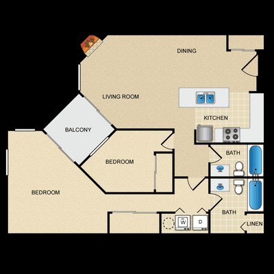 Two Bedroom, Two Bathroom, 1022 sq. ft.