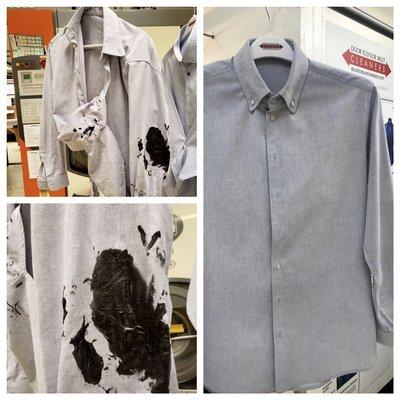 Kids slime destroyed this custom made shirt, before & after of our cleaning process. Saved this $600 shirt for our client.