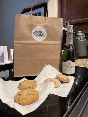 Olo Cookies, Chocolate Chip Cookies, and a bottle of bubbly!