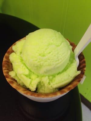 Lemon Lime sorbet in a waffle  bowl.