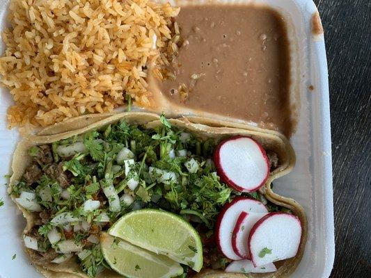 taco combo: two carne  asada tacos, rice + beans = $9.99