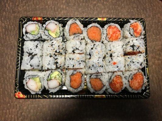 Left to Right: California Roll ($4.99), Spicy Salmon Roll ($5.49), Spicy Crunch Roll ($5.49)