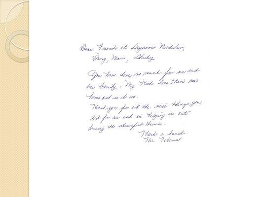 Pen written thank you note from our happy clients.