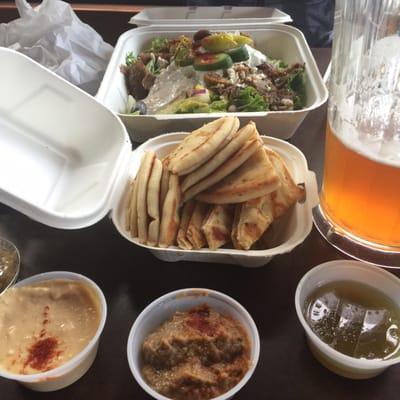 Hummus (okay), baba ganoush (nom nom) and gyro salad (nom nom bom bom) all delivered over to Beveridge Place across the street